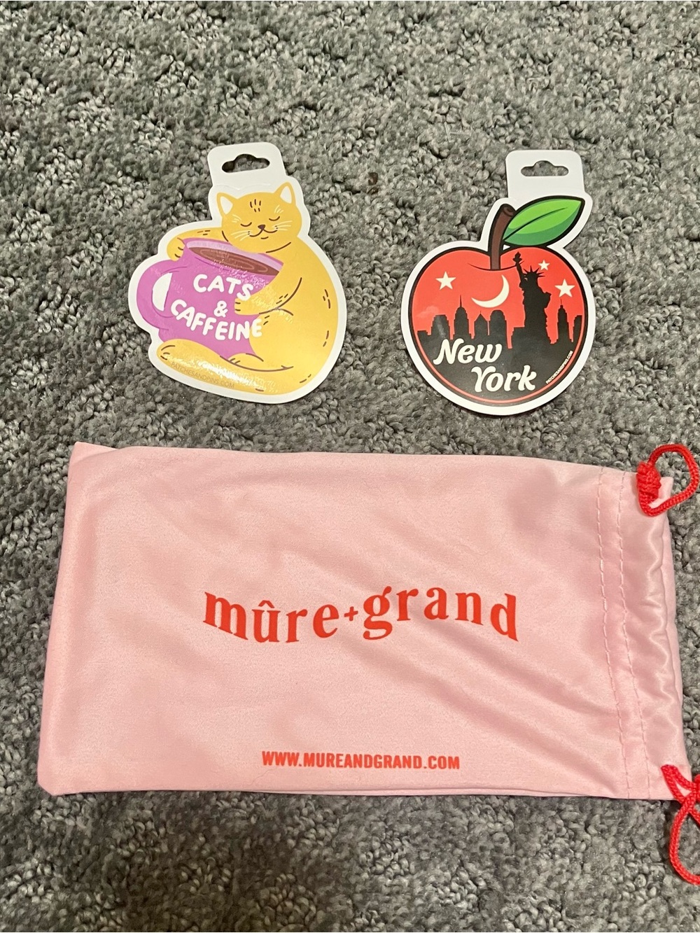 Mure Grand Vinyl Stickers (Cats and Caffeine, New York City Apple) and Pouch